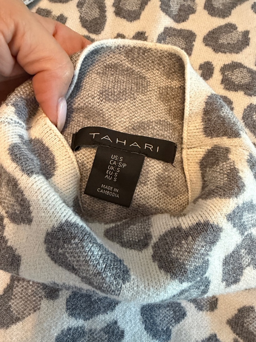 Tahari Cream and Gray Leopard Print Cowl Neck Sweater